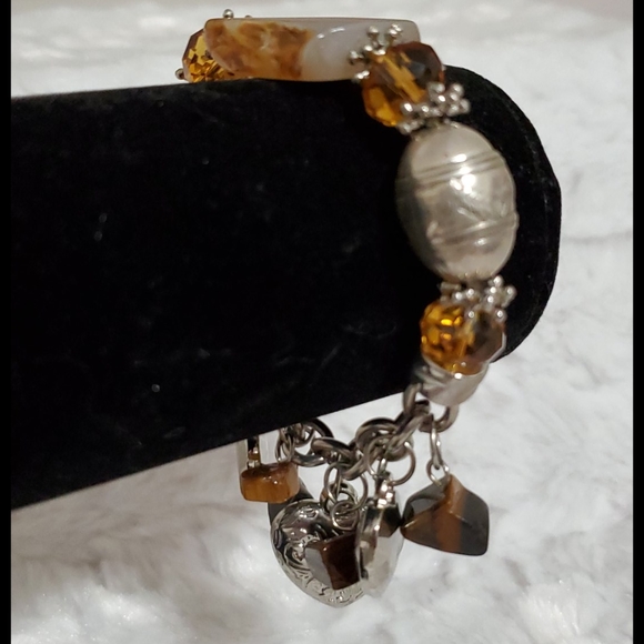 Silvertone Stretchy Chain Mixed Media faux gems yellow brown findings Stackable - Picture 5 of 5